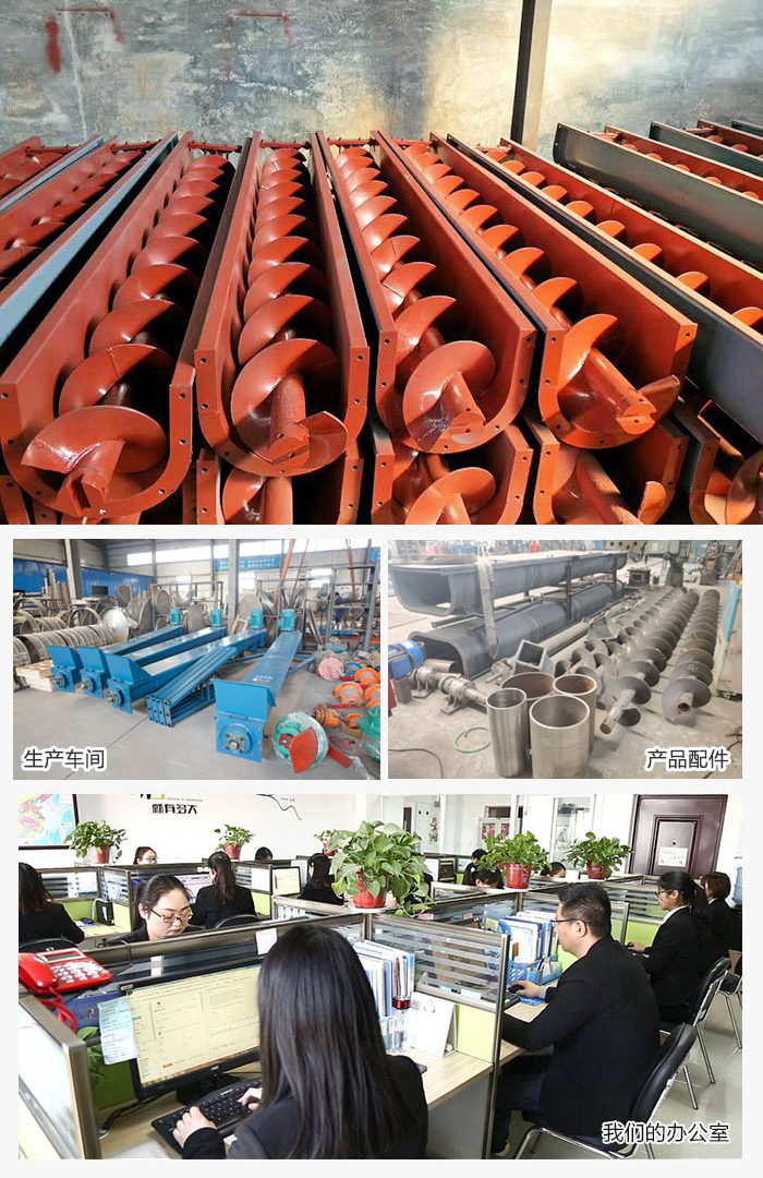 絞龍螺旋輸送機產(chǎn)品，廠區(qū)，以及辦公場地展示圖。