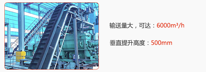 大傾角帶式輸送機輸送量大，可達：6000m3/h，垂直提升高度：500mm